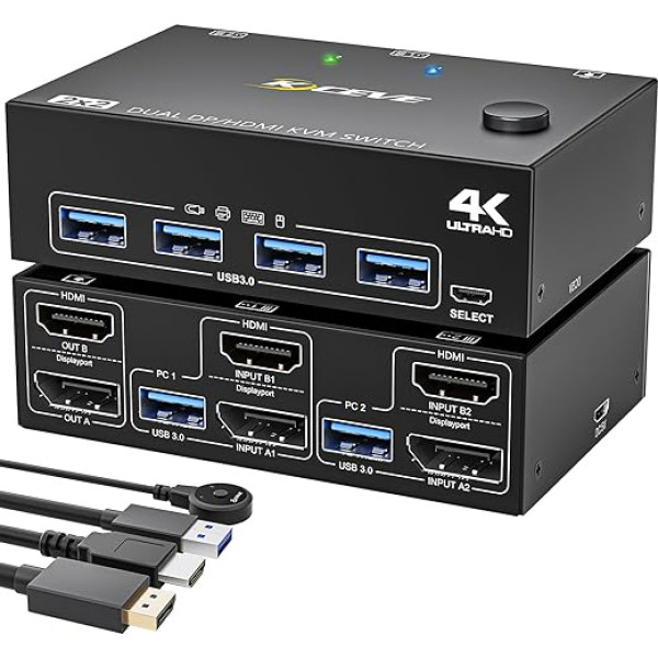 YOUTINGHDAV USB 3.0 KVM slēdzis 2 monitoriem 2 datoriem USB 3.0 KVM slēdzis HDMI DP KVM slēdzis diviem monitoriem 2 datoru koplietošanai ar peli un tastatūru, HDMI + DP + USB kabelis