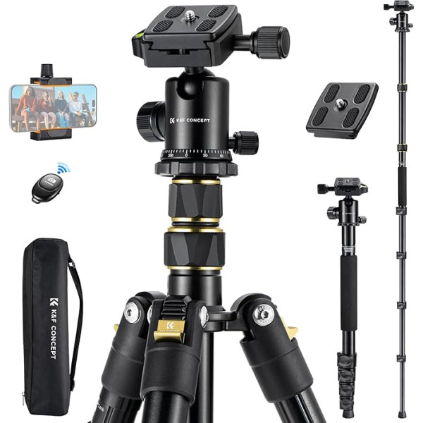 K&F Concept Camera Tripod, 184 cm mobilā tālruņa kameras statīvs, viegls statīvs ar mobilā tālruņa turētāju un tālvadības pulti, pārnēsājams foto statīvs kamerai un viedtālrunim, alumīnija statīvs ar 2