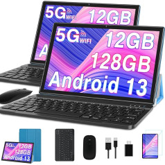 10 collu Android 13 planšetdators ar 12GB RAM + 128GB ROM 1TB TF 5G + 2.4G WiFi GPS Bluetooth 5.0 6000mAh akumulators Divas kameras 8+5MP C tipa OTG Cast planšetdators ar somu, tastatūru un peli - zils