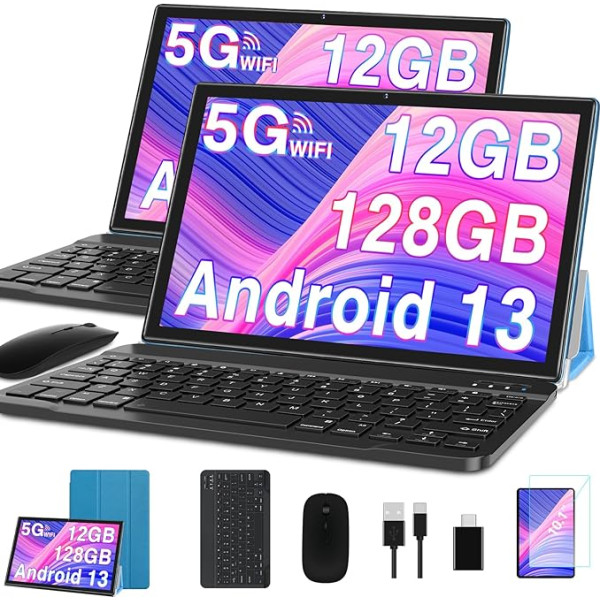 10 collu Android 13 planšetdators ar 12GB RAM + 128GB ROM 1TB TF 5G + 2.4G WiFi GPS Bluetooth 5.0 6000mAh akumulators Divas kameras 8+5MP C tipa OTG Cast planšetdators ar somu, tastatūru un peli - zils