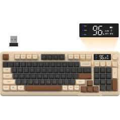 FREEWOLF M96 bezvadu spēļu tastatūra, Bluetooth/2.4G bezvadu mehāniskā Bluetooth/2.4G bezvadu tastatūra, RGB LED apgaismojums, displejs, PBT taustiņu vāciņš, 3000mAh, ASV izkārtojums, Win/Mac - kafija