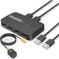 KVM-переключатель, eppfun 4 порта USB Share USB Switch для 2 ПК, 2-In 4-Out переключатель с 2 USB-кабелями и пультом дистанционного управления, для принтера, скан