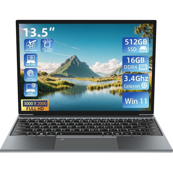 13,5 collu skārienjūtīgais portatīvais dators Win11.16GB RAM 512GB SSD, Celeron N95 līdz 3,4 GHz, 3K 3000 x 2000 FHD, izgaismota tastatūra, pirkstu nospiedumu atbloķēšana, pilnībā metāla korpuss, pelēks