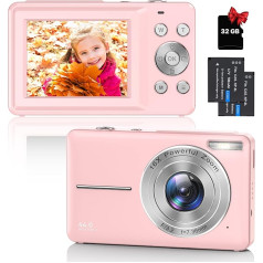 Digitālā fotokamera Compact Camera ar 32GB karti, 44MP 1080P HD kamera 2,4 collu LCD displejs 16X digitālā tālummaiņa Uzlādējama digitālā kamera bērniem, pusaudžiem, iesācējiem, zēniem, meitenēm (rozā)