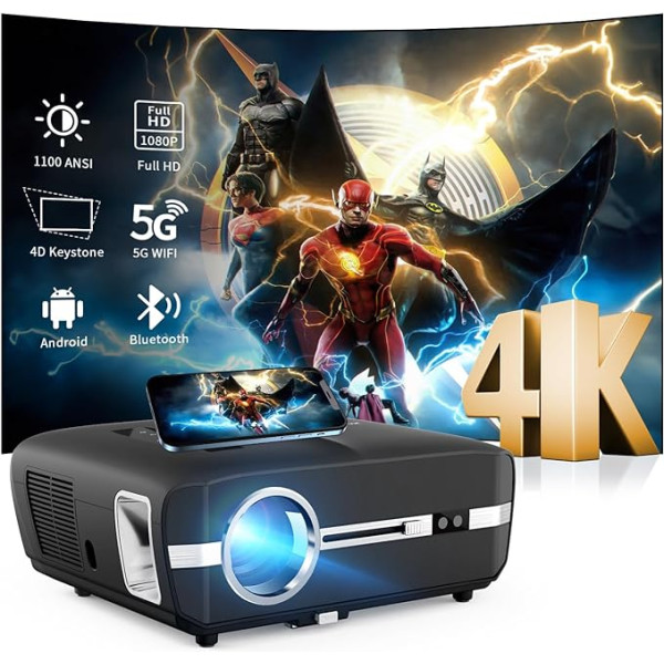 Spilgts LED projektors 1000 ANSI, 4K inteliģentais mājas kino projektors WLAN griestu 1080P LCD Android projektors 5G WiFi Bluetooth bezvadu ar HDMI USB RJ45 LAN portu Tālummaiņa 4D trapeces korekcija Airplay