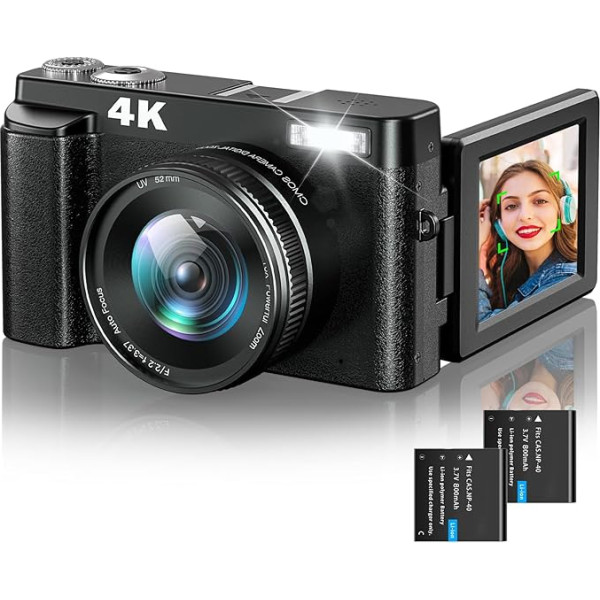 4K digitālā kamera 48MP Retro digitālā fotokamera Foto kamera Automātiskā fokusēšana ar 180° rotējošu ekrānu un UV objektīvu Kompaktā kamera ar selfiju zibspuldzi Gaismas bākuguns attēla stabilizācija Digitālā kamera iesācējiem