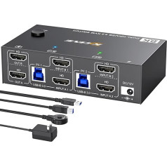 8K HDMI KVM slēdzis 2 datoriem 2 monitoriem 8K @ 60Hz 4K @ 144Hz, MLEEDA USB 3.0 divu monitoru KVM slēdzis ar 4 USB 3.0 pieslēgvietām tastatūrai pelei printerim, ar galddatora kontrolieri, 12 V barošanas avotu un USB