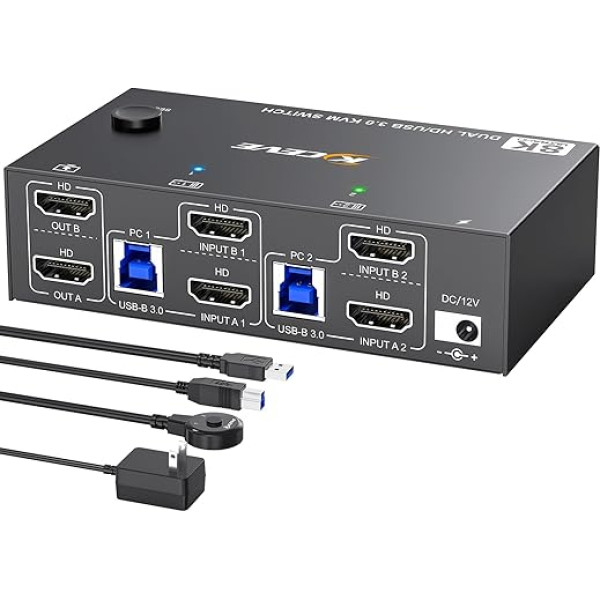 8K HDMI KVM-переключатель 2 ПК 2 монитора 8K @ 60 Гц 4K @ 144 Гц, MLEEDA USB 3.0 Dual Monitor KVM Switch с 4 портами USB 3.0 для клавиатуры мыши принтера, с настольным контролл