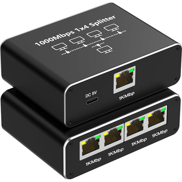 Omivine Ethernet sadalītājs no 1 līdz 4, gigabitu tīkla sadalītājs, 1000Mbps RJ45 LAN sadalītājs ar USB-C barošanas kabeli datoram, centrmezglam, komutatoram, maršrutētājam, ADSL, digitālajai TV u.c. Strādā vienlaicīgi (no 1 līdz 4)