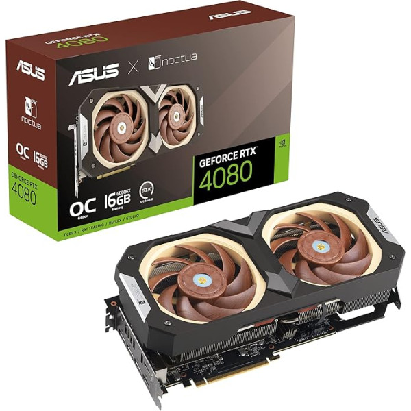 ASUS GeForce RTX™ 4080 16GB GDDR6X Noctua OC Edition (PCIe 4.0, 16GB GDDR6X, DLSS 3, HDMI 2.1a, DisplayPort 1.4a, Noctua NF-A12x25 PWM ventilators, optimizēta tvaika kamera, GPU Tweak III)