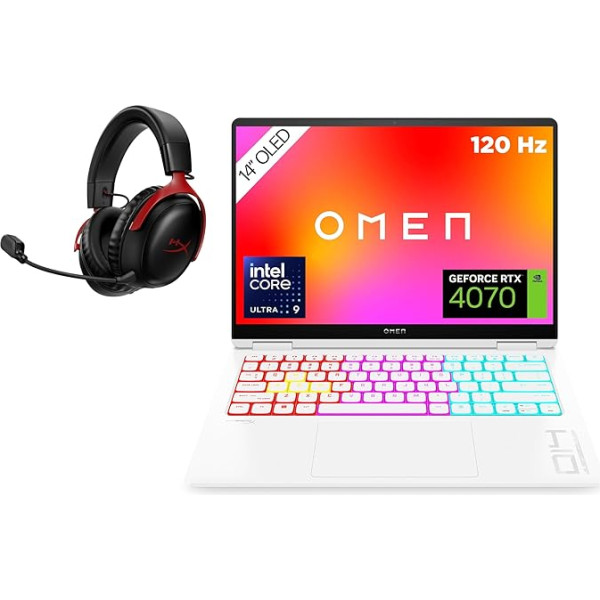 HP OMEN Transcend spēļu klēpjdators, 14 collu 2,8K OLED 120 Hz, Intel Core Ultra 9 185H, 32 GB DDR5 RAM, 1 TB SSD, NVIDIA GeForce RTX 4070 (8 GB), QWERTZ, Windows 11, balts ar HyperX Cloud III Wireless