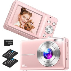 Nsoela Digitālā kamera, kompaktā kamera ar 32 GB karti, 44 MP kamera, 1080P HD videoreportāžas kamera, LCD ekrāns, 16X digitālā tālummaiņa un 2 baterijas pusaudžiem, iesācējiem (rozā)