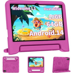 TUOHAITIME Kids Tablet 10 collu Android 14 Octa Core Tablet bērniem 10GB RAM + 64GB ROM FHD Touch Screen 2.4/5G WiFi Bluetooth Dual Camera GPS (rozā)