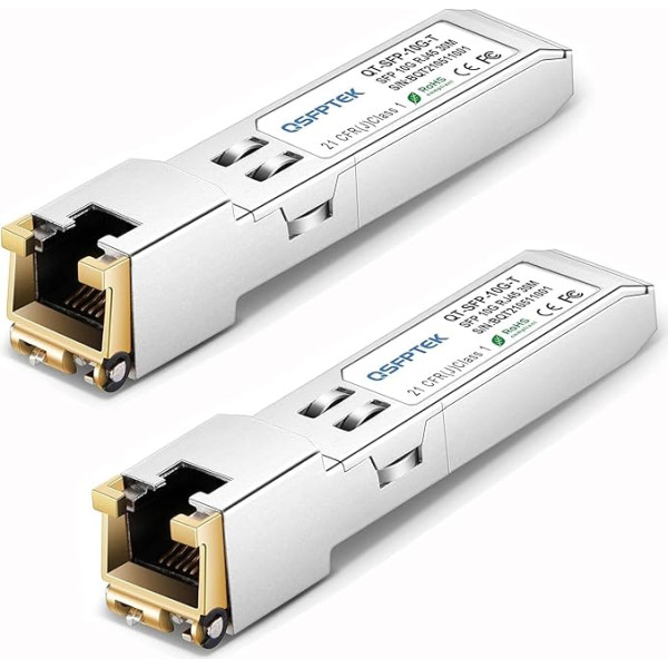 QSFPTEK (Pack of 2) 10GBASE-T SFP+ RJ45 modulis, līdz 30 m, 1,25/2,5/5/10G SFP+ RJ45 vara tranzīttransceivers GBIC, piemērots Cisco SFP-10G-T-S, Ubiquiti UF-RJ45-10G, Mikrotik, D-Link (atbalsta vairākus ātrumus)