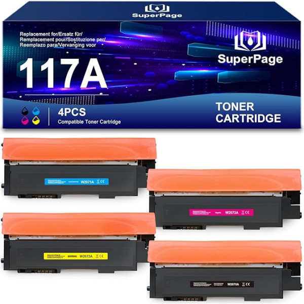 Superpage aizstājējs HP 117A tonera komplektam, kas saderīgs ar HP Color Laser MFP 179fwg 178nwg 179fnw 178nw 150nw 150a W2070A W2071A W2072A W2073A (iepakojumā 4 gabali, melns, ciāns, magenta, dzeltens)