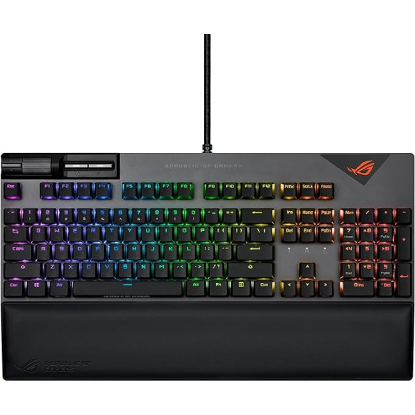 ASUS ROG Strix Flare II 100% RGB žaidimų klaviatūra, ROG NX rudos spalvos mechaniniai jungikliai, ABS graviruoti klavišų dangteliai, 8K Hz apklausa, garsą sugeriančios putos, medijos valdymas, USB pralaidumas,