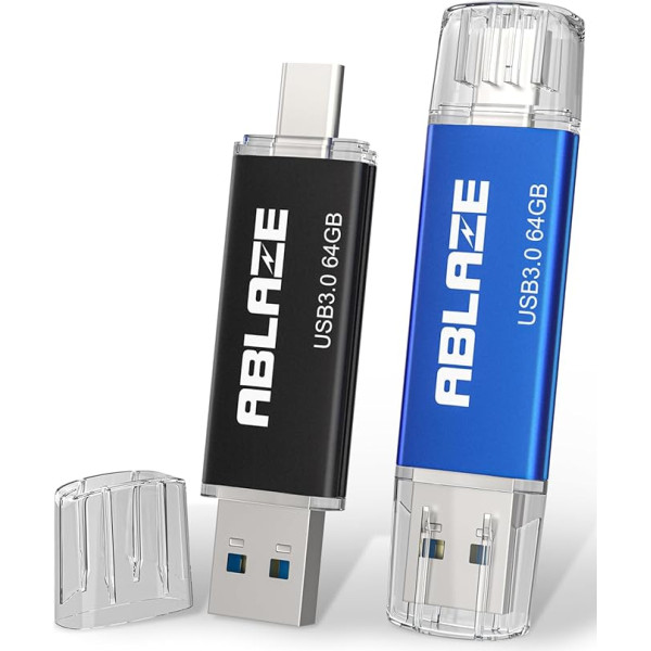 ABLAZE USB C Stick 64GB Pack of 2 Dual USB Type C + USB A USB3.2 Gen2 Memory Stick for Android Phone, Laptop, Tablet, Mac, PC