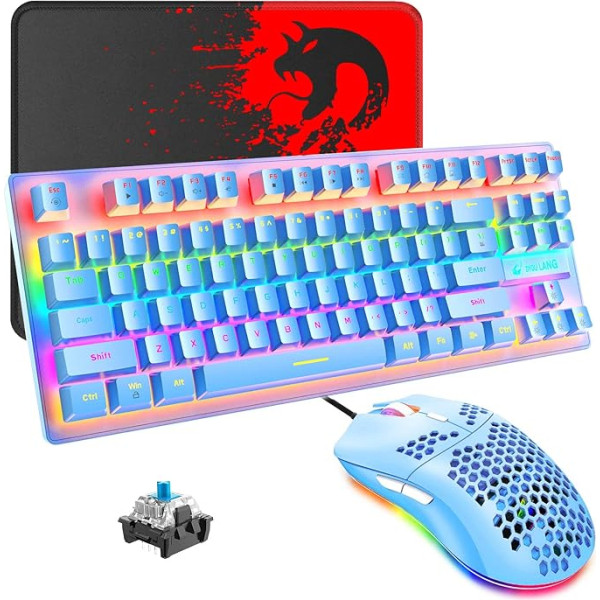 Hoopond Wired Gaming Keyboard Mouse Set, Mini 87 taustiņu mehāniskā kompakta tastatūra ar zilu slēdzi, 8 Rainbow Backlit Mode, 29 taustiņi Anti-Ghosting + 6400 DPI, viegla spēļu pele + peles paliktnis