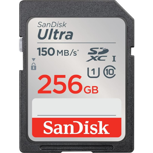 SanDisk Ultra SDXC UHS-I 256 GB atmiņas karte (sākumlīmeņa un vidējas klases kompaktkamerām, Full HD video, U1, C10, V10, lasīšanas ātrums līdz 150 MB/s)