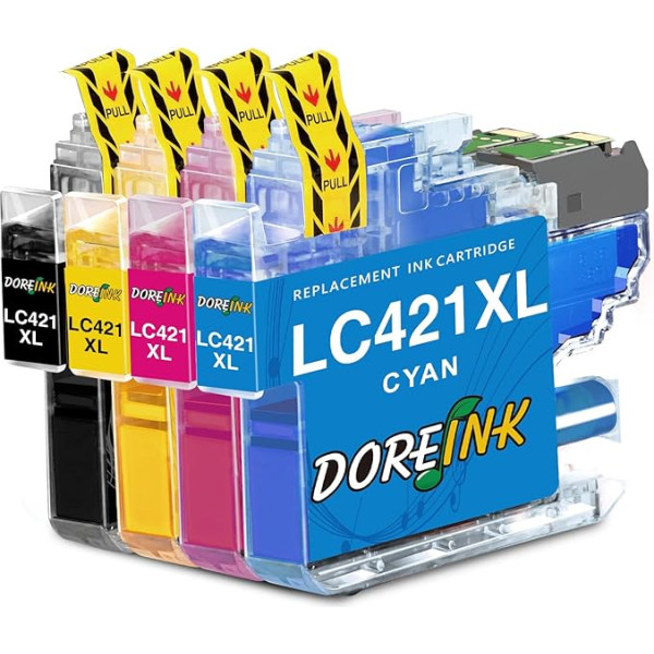 DOREINK LC421XL kasetnes saderīgas ar Brother LC421 LC421XL LC-421VAL priekš Brother DCP-J1050DW, DCP-J1140DW, MFC-J1010DW,LC421XL Multipack (LC421XL melna, ciāna, purpursarkana, dzeltena, 4 gabali)