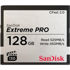 SanDisk Extreme Pro CFast 2.0 zibatmiņas karte 128 GB (fotoaparātiem un videokamerām, VPG-130 für 4K Videos, datu pārraide ar 525 MB/s, datu pārraide ar 450 MB/s)