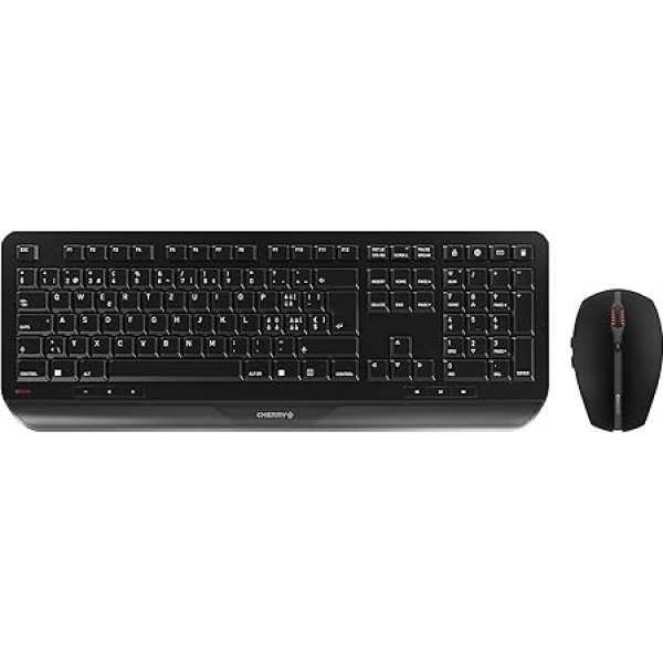 CHERRY GENTIX DESKTOP bezvadu tastatūras un peles komplekts, Šveices izkārtojums (QWERTZ), izturīgs taustiņu marķējums, ergonomisks dizains, darbojas ar akumulatoru, melns