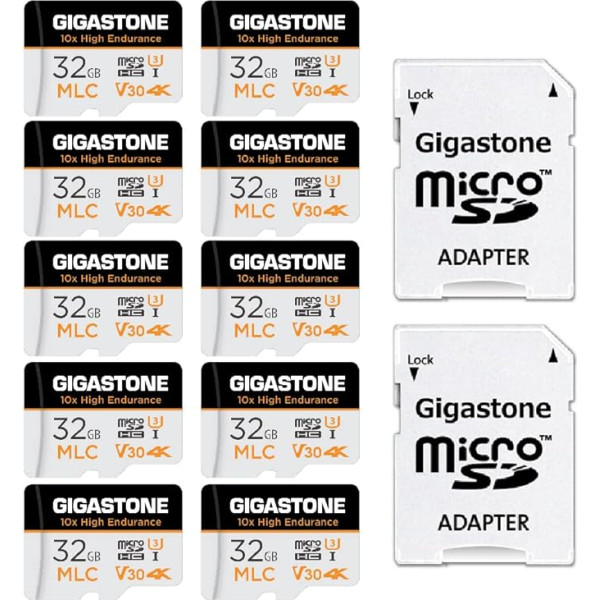 [10x High Endurance] Gigastone MLC 32GB Pack of 10 Industrial MicroSDXC karte ar adapteri, 95/60 MB/s 4K video ierakstīšana drošības kamerām, Dash Cam, U3 V30 C10 [5 gadu bezmaksas datu atjaunošana]