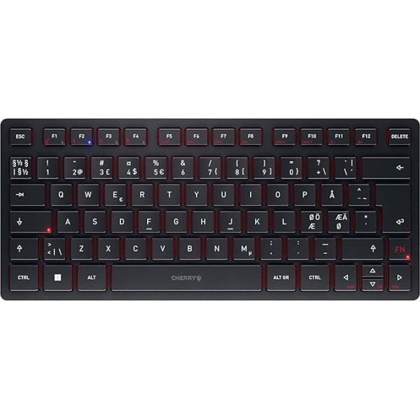 CHERRY KW 9200 MINI kompakta vairāku ierīču tastatūra līdz 4 ierīcēm, Pan Nordic izkārtojums (QWERTY), savienojums ar Bluetooth, radio vai kabeli, melna krāsā