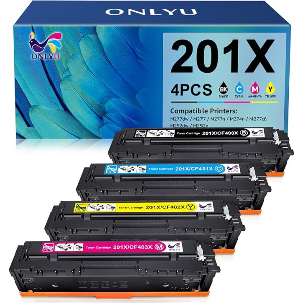 ONLYU 201X saderīgs toneris priekš HP 201X 201A CF400X CF400A toneris priekš HP Color Laserjet Pro MFP M277dw M277n M252dw M277 M274n M252n M252 M277c6 (Black Cyan Yellow Magenta, 4-Pack)