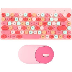 ciciglow krāsaina tastatūras un peles kombinācija, 2.4G USB 86 taustiņi, retro, apaļas, mīļas taustiņzīmes, 1200DPI bezvadu tastatūras un peles komplekts datoram, portatīvajam datoram, galda datoriem, Mac (rozā)