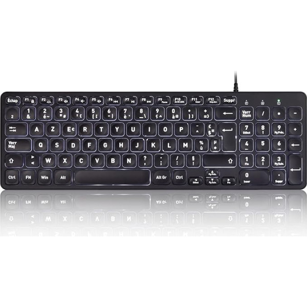 Perixx PERIBOARD-333 USB tastatūra ar aizmugurējo apgaismojumu, vadu kompakts, plāns dizains ar lieliem burtiem, balta LED gaisma, AZERTY izkārtojums