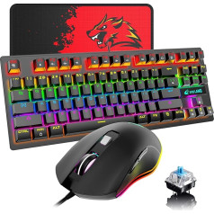 K2 vadu mehāniskā spēļu tastatūra, mini 87 taustiņi, zils slēdzis, kompakta tastatūra (zils slēdzis + RGB pele)