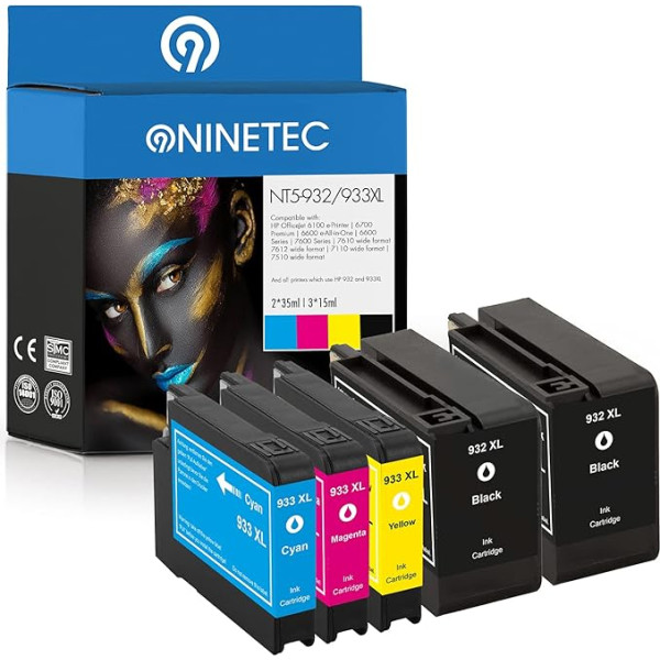 NINETEC NT5-932XL 933XL 5 kasetņu komplekts saderīgs ar HP 932XL 933XL | HP OfficeJet 6000 Wireless 6500 A 6500 A Plus 6500 Wireless 7000 Special Edition 7500 A Wireless