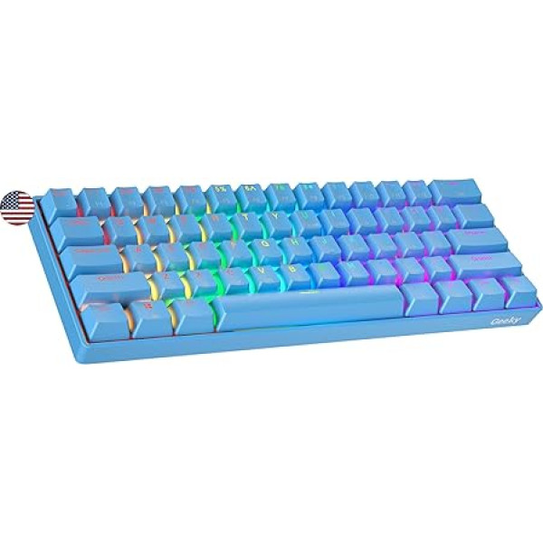 Geeky GK61 SE 60% mehāniskā spēļu tastatūra, 61 taustiņš, daudzkrāsains RGB LED fona apgaismojums PC/Mac spēlētājiem, ANSI ASV amerikāņu izkārtojums (zila, mehāniskā, zila)