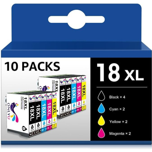 ONLYU 18XL Multipack Multipack printeru kasetnes, kas saderīgas ar Epson 18XL 18 Expression Home XP-215 XP-312 XP-305 XP-205 XP-225 XP-315 XP-412 XP-412 XP-422 XP-415 XP-325 (10 iepakojumi 4 melni 2 zili 2 magenta 2 2