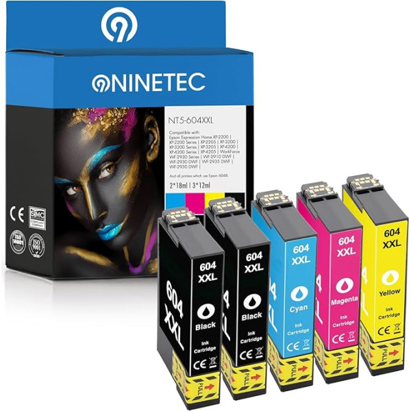 NINETEC NT5-604XXL 5 kasečių rinkinys, suderinamas su Epson 604XL 604 XL | Expression Home XP-2200 3200 3200Series 3205 4200 4200Series 4205 Workforce WF-2910DWF 2930DWF 2930Series 2935DWF 295