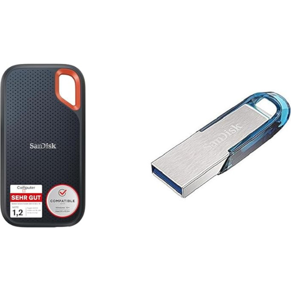 SanDisk Extreme Portable SSD 2TB un Ultra Flair USB 3.0 zibatmiņas diskdziņš 64 GB (Rescue Pro programmatūra, paroles aizsardzība, izturīgs, plāns metāla korpuss, 150 MB/s pārraides ātrums), zils