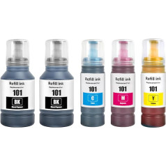 SHUOLEI 101 tinte, kas saderīga ar Epson 101 C13T03V14A C13T03V24A C13T03V34A C13T03V34A C13T03V44A tintes kasetnēm, kas paredzētas L4150 L4160 L6160 L6160 L6170 L6190 (5 iepakojumi, 2 ciparsvītras/magenta/dzeltenā krāsā)