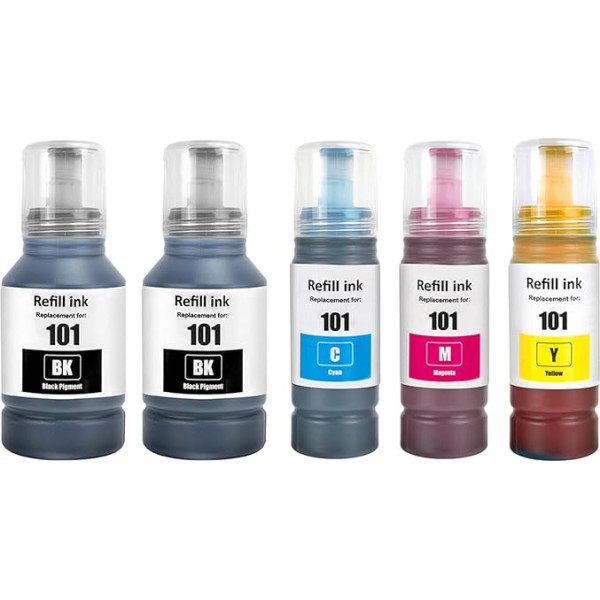 SHUOLEI 101 tinte, kas saderīga ar Epson 101 C13T03V14A C13T03V24A C13T03V34A C13T03V34A C13T03V44A tintes kasetnēm, kas paredzētas L4150 L4160 L6160 L6160 L6170 L6190 (5 iepakojumi, 2 ciparsvītras/magenta/dzeltenā krāsā)