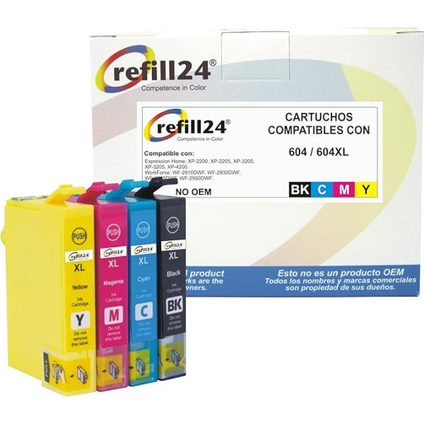 refill24: 604XL saderīgas kasetnes 604/604XL multipaketei, Expression Home XP- 2200, 2205, 3200, 3205, 4200, Workforce WF- 2910, 2930, 2835, 2950