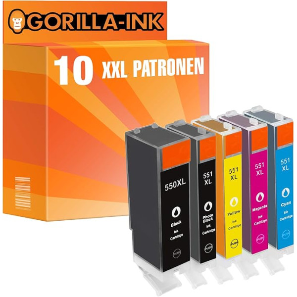 Gorilla-Ink 10 kasetnes, kas saderīgas ar Canon PGI-550 CLI-551 XL | Piemērots Pixma MG-5450 MG-5550 MG-5650 MG-5650 MG-5655 MG-6350 MG-6420 MG-6450 MG-6650 MG-712 00 MG-7 150 MG-7550