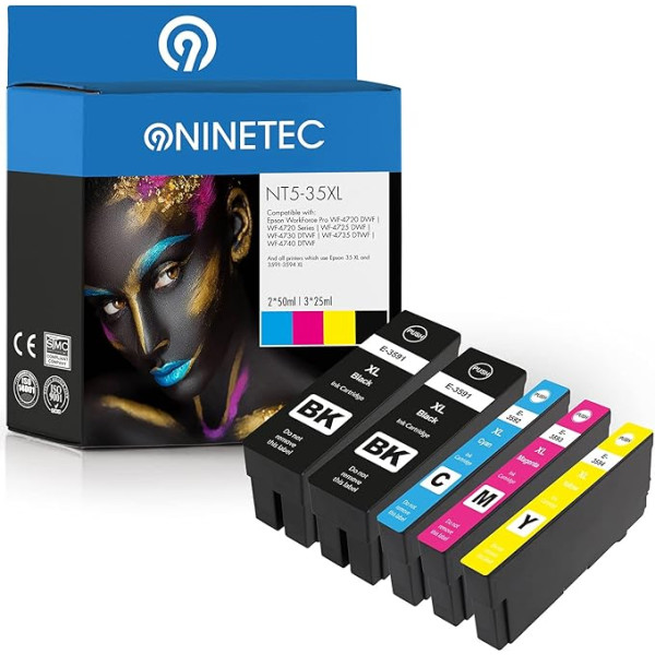 NINETEC NT5-3595 5 kasečių rinkinys, suderinamas su Epson T3591 T3592 T3593 T3594 | Epson Workforce Pro WF4735-DTWF WF4720 serijai WF4740DTWF WF 4725 DWF WF 4730 DTWF WF4720 DWF