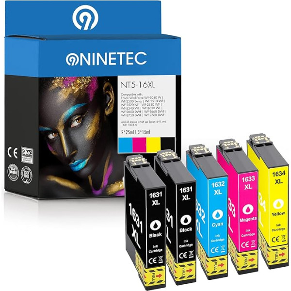 NINETEC NT5-1635 5 kasečių rinkinys, suderinamas su Epson T1631 T1632 T1633 T1634 | Epson WorkForce WF-2510 WF WF-2520 NF WF-2530 WF WF-2540 WF WF-2630 WF WF-2660 DWF F WF-275 0 DWF WF-2760 DWF