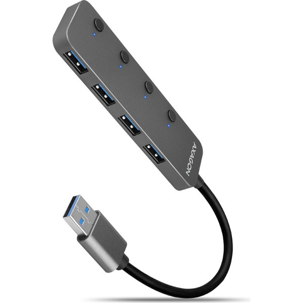 Axagon Hue-msa centrmezgls, 4 pieslēgvietu usb 3.2 gen 1 slēdzis, metāla, 20 cm usb-a kabelis, microusb papildu barošanas avots