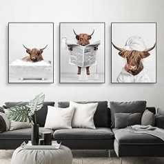 3 plakātu komplekts Hailendas govs vannas istabas plakāti, naudas orangutānu un pērtiķu attēli, dzīvnieku melnbaltas sienas mākslas izdrukas, bez rāmja (plakāts 03, 3 gab. - 30 x 40 cm)