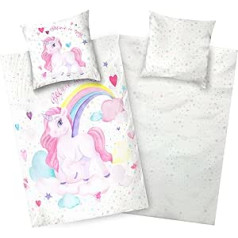 Aminata kids Unicorn Gultas veļa 135 x 200 cm Meiteņu flaneļa Kokvilna - Balta Rozā - Varavīksnes rāvējslēdzējs ÖkoTex - Sirds zvaigznes - Dzīvnieku zirga motīvs Silts un mīksts