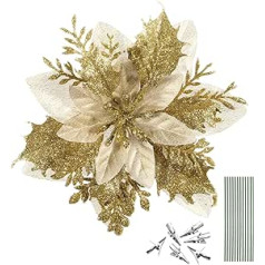 STOBOK Christmas Glitter Poinsettia Artificial Flowers: Pack of 12 Glitter Christmas Flowers Christmas Tree Decorations for Wreaths Garland Holiday Party Christmas Decoration Gold