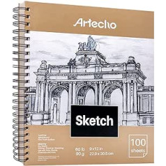 Artecho skiču grāmata A4, 100 loksnes, 90 g, balts, 22,9 x 30,5 cm zīmēšanas bloks, skiču papīrs zīmēšanai ar zīmuli, ogles zīmulis un marķieris
