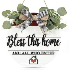 CHDITB 3D Bless This Home Wooden Hanging Door Sign, Welcome Porch Wall Sign with Bow Wreath, Bless This Home And Who Enter, Housewarming Gift for Kitchen/Entrance/Porch/Front Door