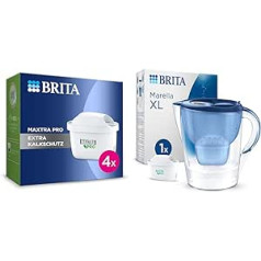 BRITA Maxtra Pro Extra apsaugos nuo kalkių vandens filtro kasetė – 4 vnt. pakuotė ir Marella XL vandens filtro ąsotis mėlyna (3,5 l) Yra 1 x Maxtra Pro viskas viename kasetė